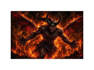 Dark fantasy demon wall art with fiery flames, horns and cinematic infernal atmosphere.