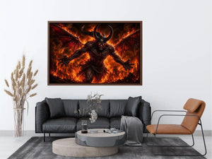 Dark fantasy demon wall art with fiery flames, horns and cinematic infernal atmosphere.