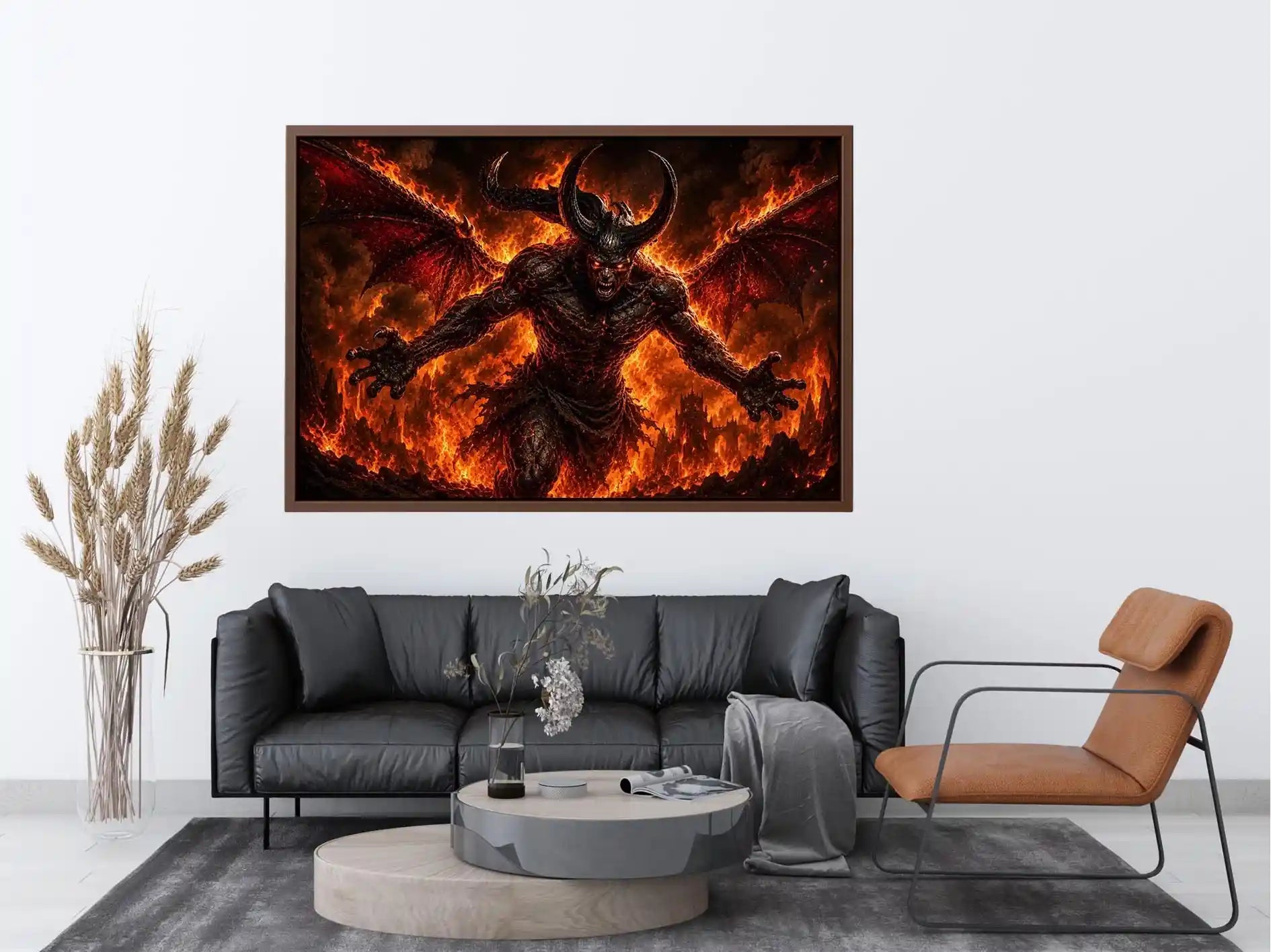 Dark fantasy demon wall art with fiery flames, horns and cinematic infernal atmosphere.