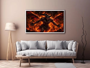 Dark fantasy demon wall art with fiery flames, horns and cinematic infernal atmosphere.