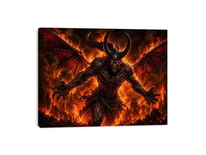 Dark fantasy demon wall art with fiery flames, horns and cinematic infernal atmosphere.