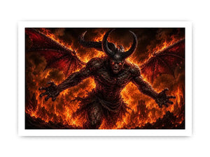 Dark fantasy demon wall art with fiery flames, horns and cinematic infernal atmosphere.