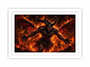 Dark fantasy demon wall art with fiery flames, horns and cinematic infernal atmosphere.