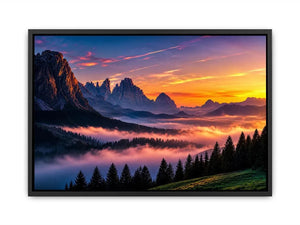 Misty mountain sunrise wall art with alpine peaks, pine forest silhouettes and pastel dawn sky.
