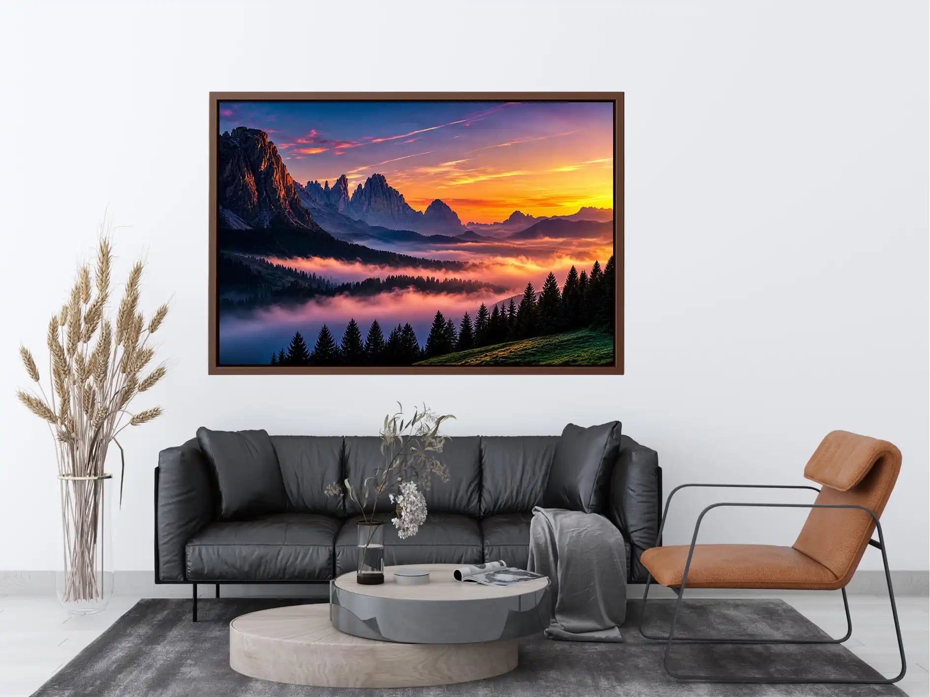 Misty mountain sunrise wall art with alpine peaks, pine forest silhouettes and pastel dawn sky.