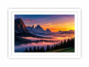 Misty mountain sunrise wall art with alpine peaks, pine forest silhouettes and pastel dawn sky.