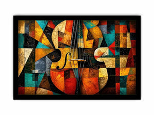 Abstract cubist violin wall art with geometric shapes and colorful modern textures.