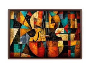 Abstract cubist violin wall art with geometric shapes and colorful modern textures.