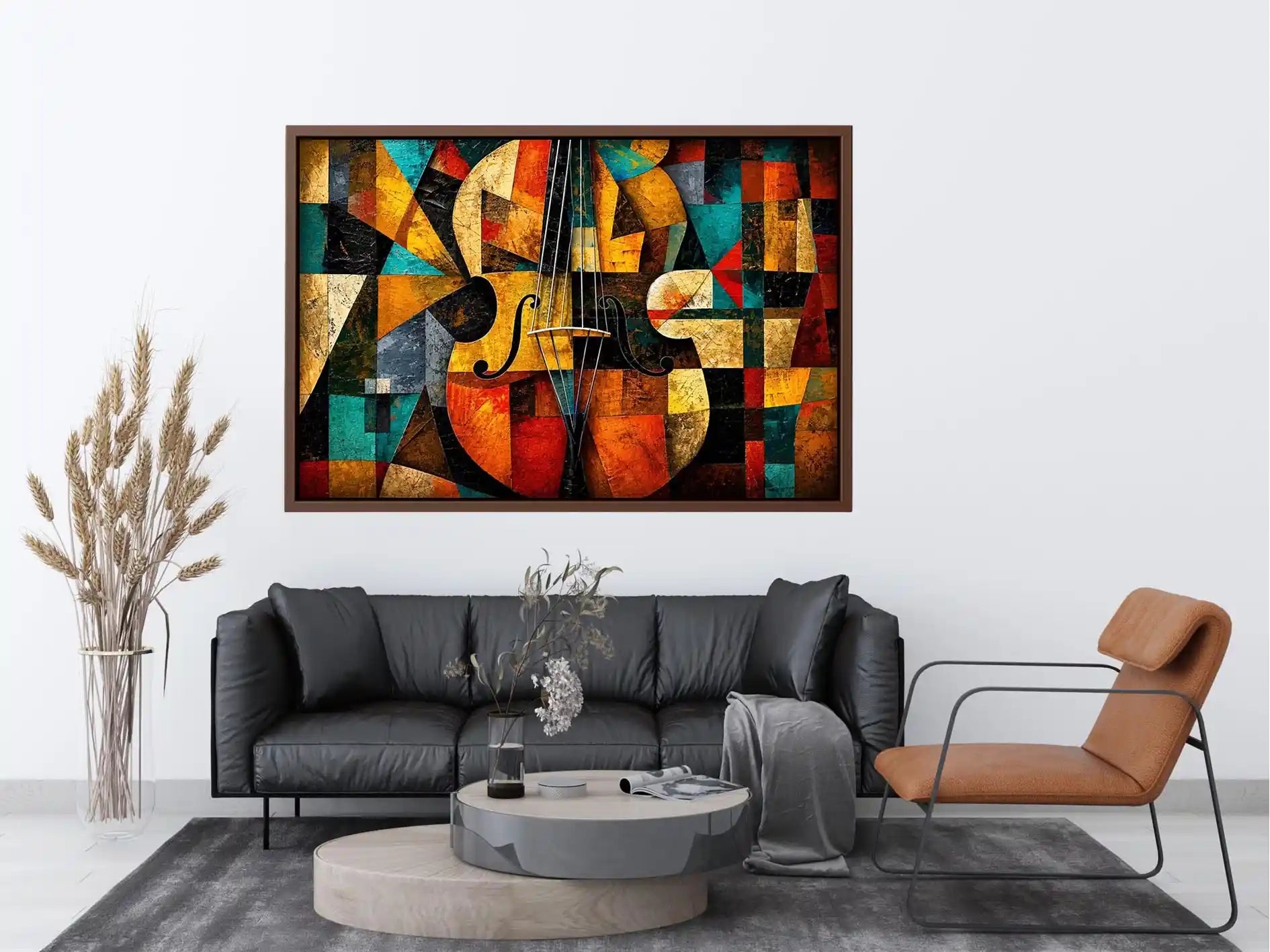 Abstract cubist violin wall art with geometric shapes and colorful modern textures.
