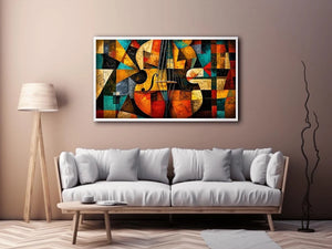 Abstract cubist violin wall art with geometric shapes and colorful modern textures.