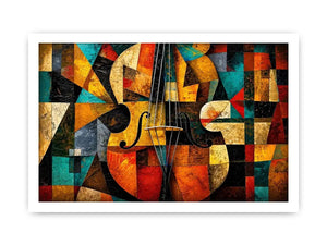 Abstract cubist violin wall art with geometric shapes and colorful modern textures.
