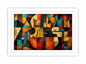 Abstract cubist violin wall art with geometric shapes and colorful modern textures.