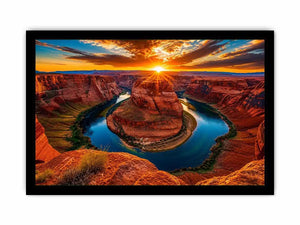 Desert canyon river wall art with dramatic sunset, red rock cliffs and winding blue water.