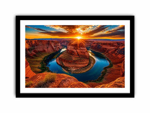 Desert canyon river wall art with dramatic sunset, red rock cliffs and winding blue water.