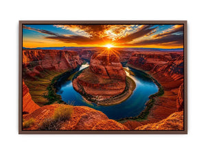 Desert canyon river wall art with dramatic sunset, red rock cliffs and winding blue water.