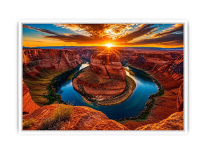 Desert canyon river wall art with dramatic sunset, red rock cliffs and winding blue water.