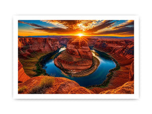 Desert canyon river wall art with dramatic sunset, red rock cliffs and winding blue water.