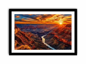 Grand canyon sunset wall art with glowing cliffs and winding river landscape.