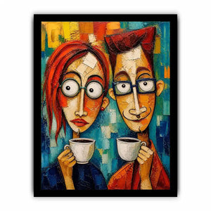 Colorful abstract painting of a couple with glasses holding coffee cups in a modern expressive style