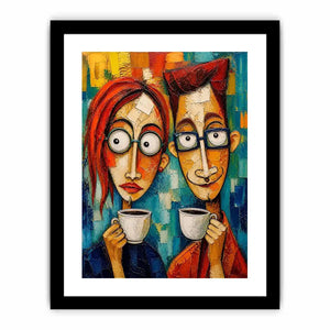 Colorful abstract painting of a couple with glasses holding coffee cups in a modern expressive style