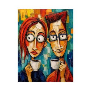 Colorful abstract painting of a couple with glasses holding coffee cups in a modern expressive style