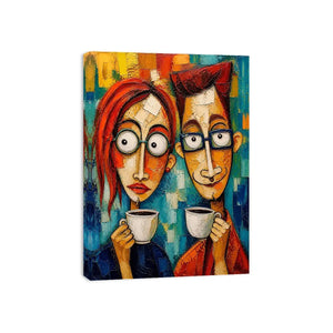 Colorful abstract painting of a couple with glasses holding coffee cups in a modern expressive style