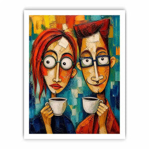 Colorful abstract painting of a couple with glasses holding coffee cups in a modern expressive style