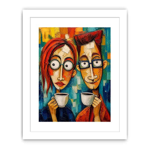 Colorful abstract painting of a couple with glasses holding coffee cups in a modern expressive style
