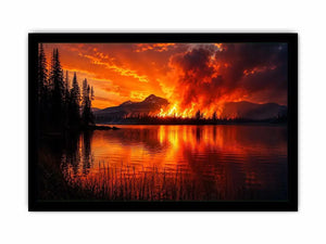 Wildfire landscape wall art with blazing forest fire reflecting across a calm lake at night.