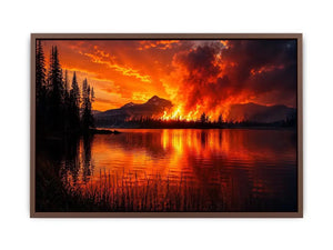 Wildfire landscape wall art with blazing forest fire reflecting across a calm lake at night.