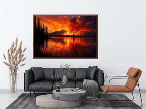 Wildfire landscape wall art with blazing forest fire reflecting across a calm lake at night.