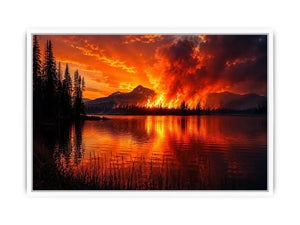 Wildfire landscape wall art with blazing forest fire reflecting across a calm lake at night.