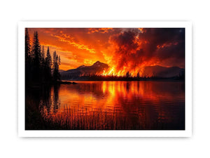 Wildfire landscape wall art with blazing forest fire reflecting across a calm lake at night.