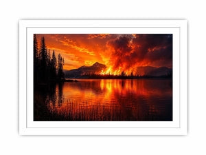 Wildfire landscape wall art with blazing forest fire reflecting across a calm lake at night.