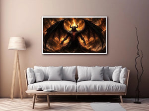 Dark abstract demon wall art with shadowy wings and glowing red gothic textures.