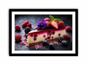 Berry cheesecake wall art with strawberries, raspberries, blueberries and glossy dessert glaze.