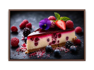 Berry cheesecake wall art with strawberries, raspberries, blueberries and glossy dessert glaze.