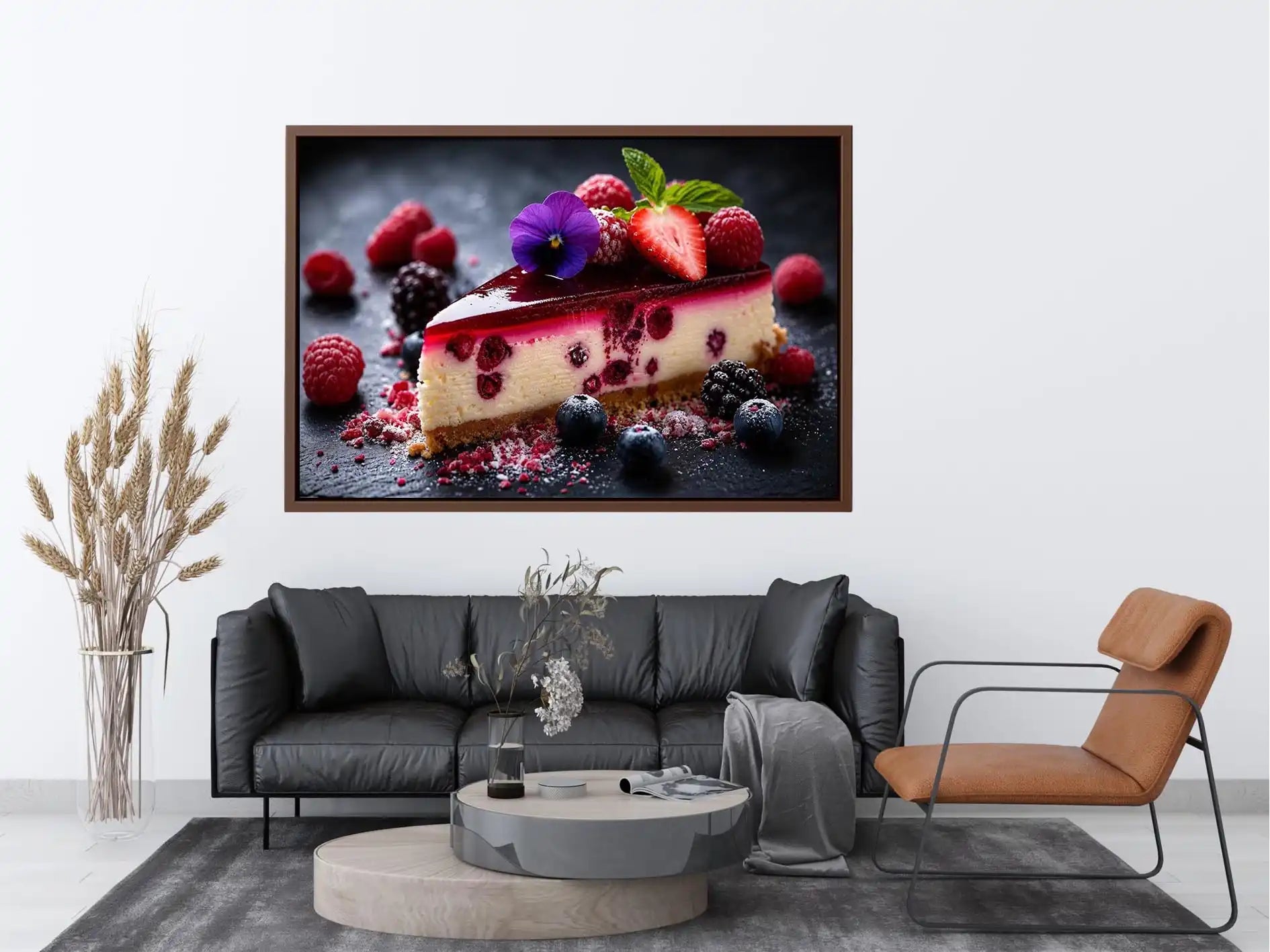 Berry cheesecake wall art with strawberries, raspberries, blueberries and glossy dessert glaze.