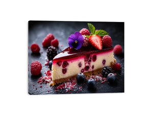 Berry cheesecake wall art with strawberries, raspberries, blueberries and glossy dessert glaze.