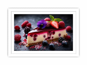 Berry cheesecake wall art with strawberries, raspberries, blueberries and glossy dessert glaze.