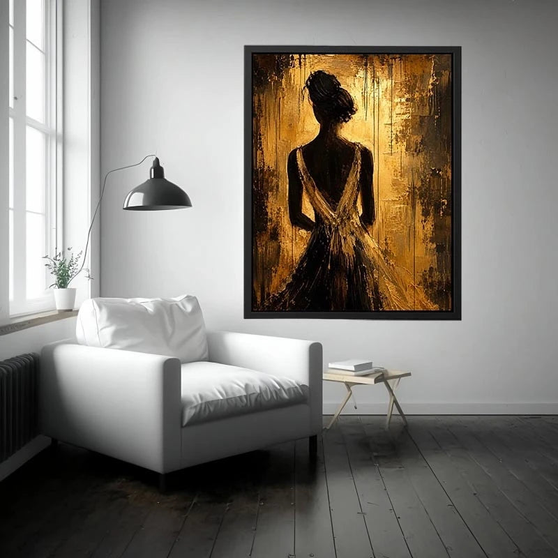 Abstract feminine silhouette wall art with golden textured background and elegant modern figure.