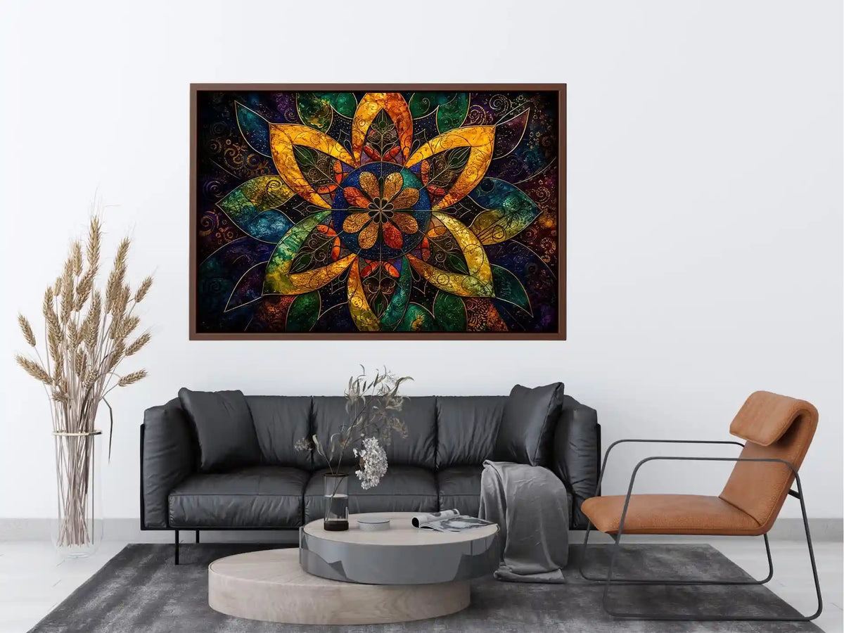 Colorful mandala wall art with geometric floral patterns and vibrant sacred symmetry.