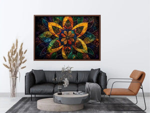 Colorful mandala wall art with geometric floral patterns and vibrant sacred symmetry.