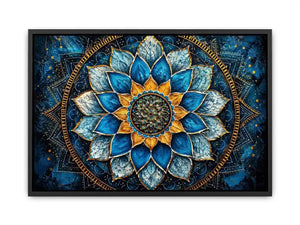 Blue lotus mandala wall art with intricate floral geometry and golden spiritual accents.