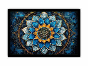 Blue lotus mandala wall art with intricate floral geometry and golden spiritual accents.