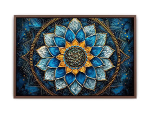 Blue lotus mandala wall art with intricate floral geometry and golden spiritual accents.