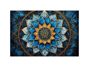 Blue lotus mandala wall art with intricate floral geometry and golden spiritual accents.