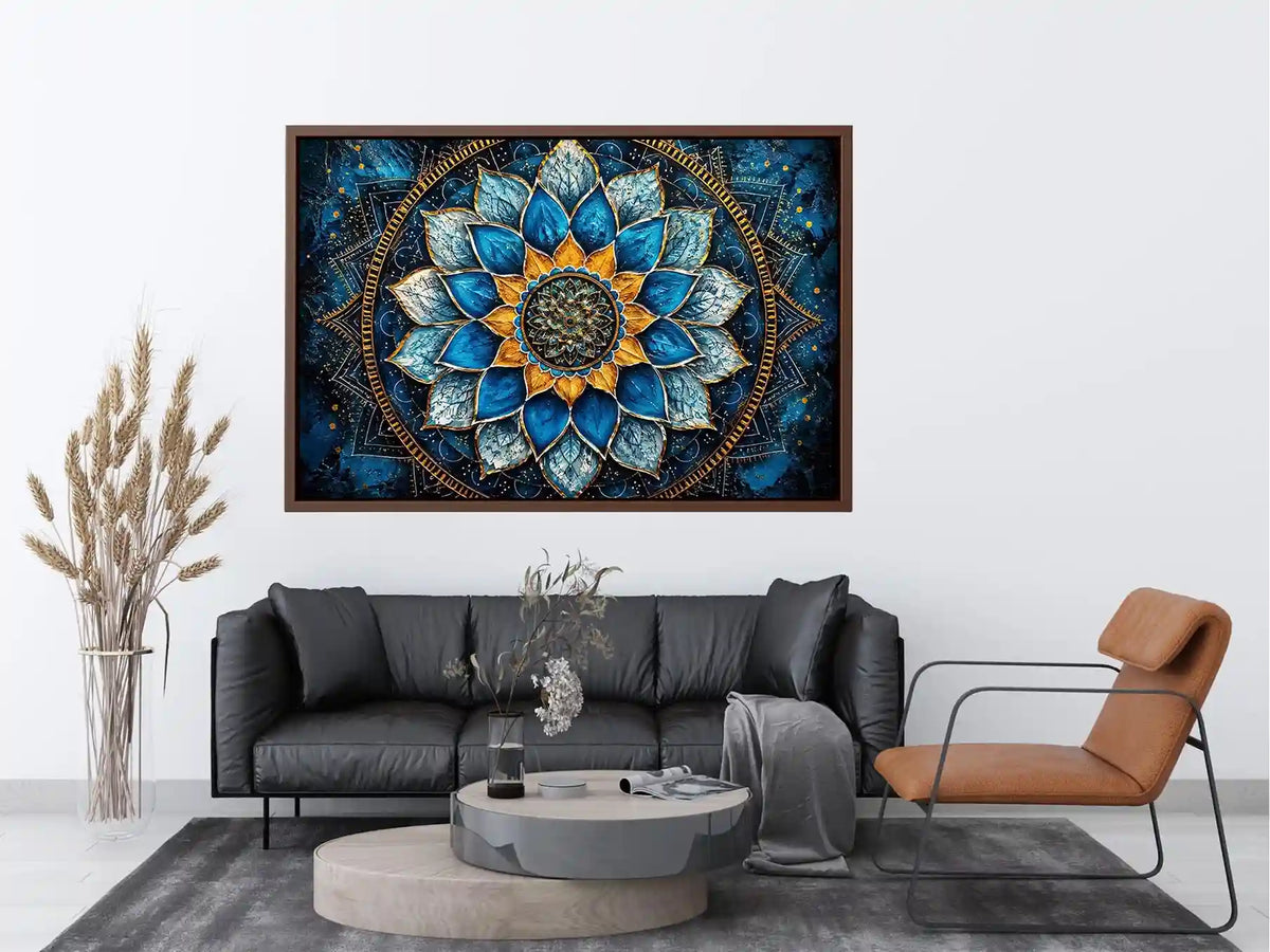 Blue lotus mandala wall art with intricate floral geometry and golden spiritual accents.