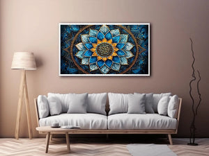 Blue lotus mandala wall art with intricate floral geometry and golden spiritual accents.