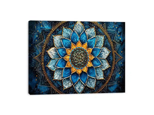 Blue lotus mandala wall art with intricate floral geometry and golden spiritual accents.